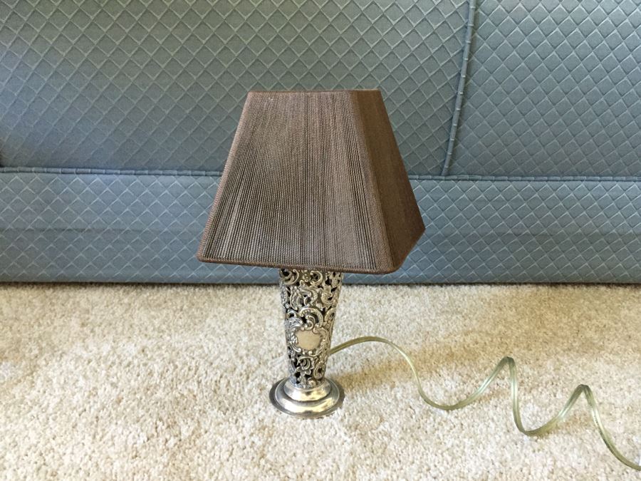 JUST ADDED - Small Silver Tone Table Lamp With Shade [Photo 1]