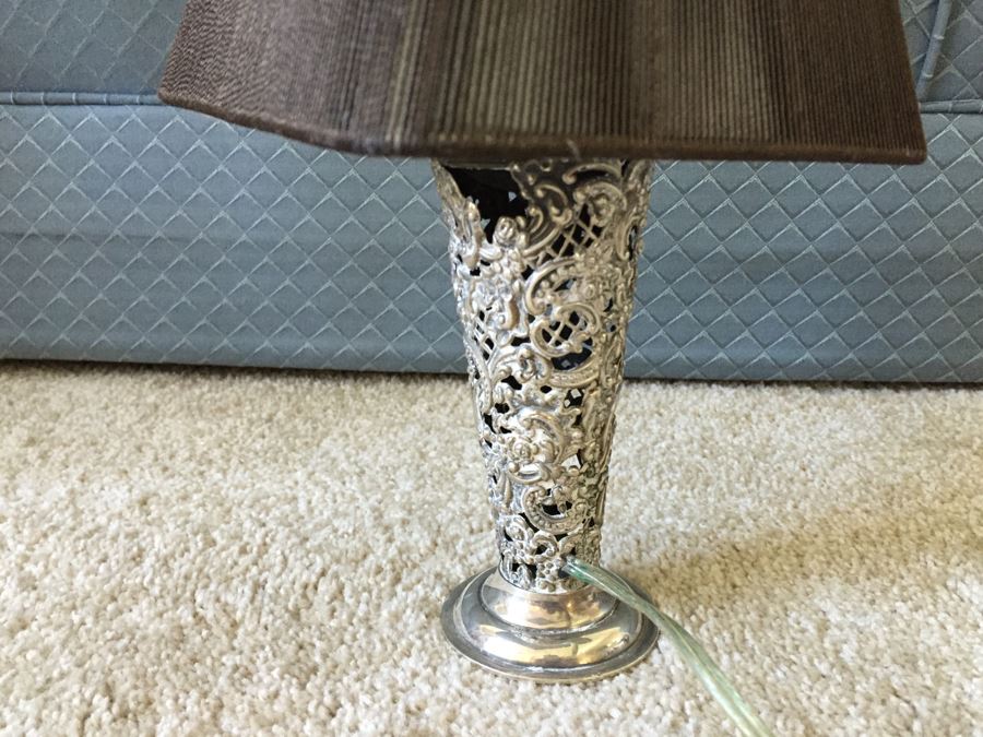 JUST ADDED - Small Silver Tone Table Lamp With Shade [Photo 6]