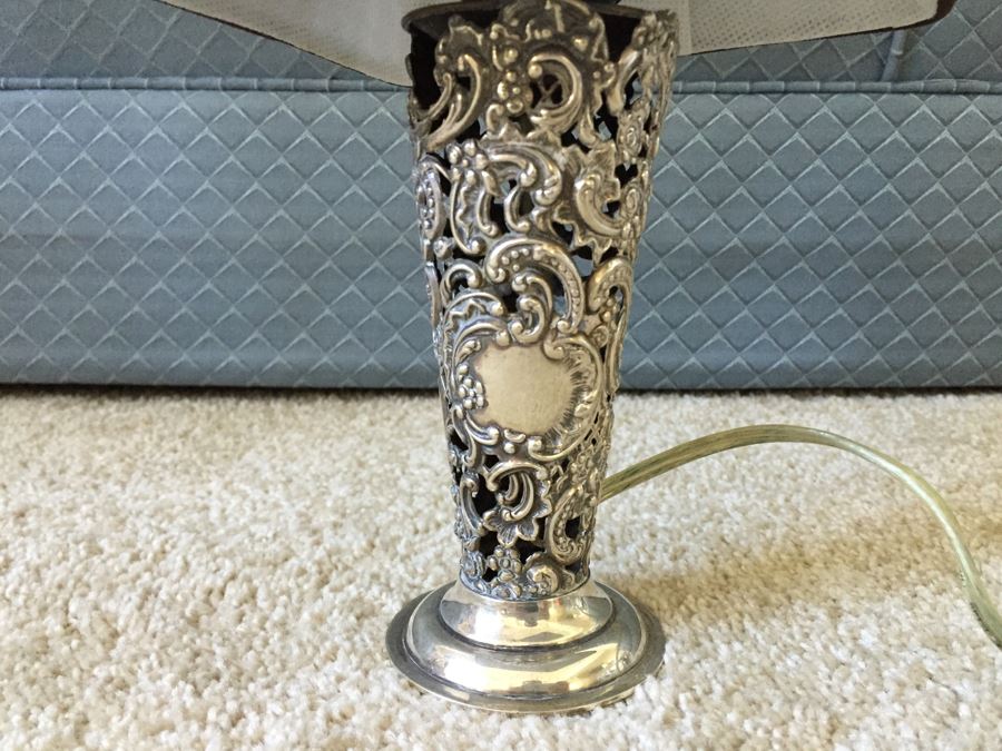 JUST ADDED - Small Silver Tone Table Lamp With Shade [Photo 2]