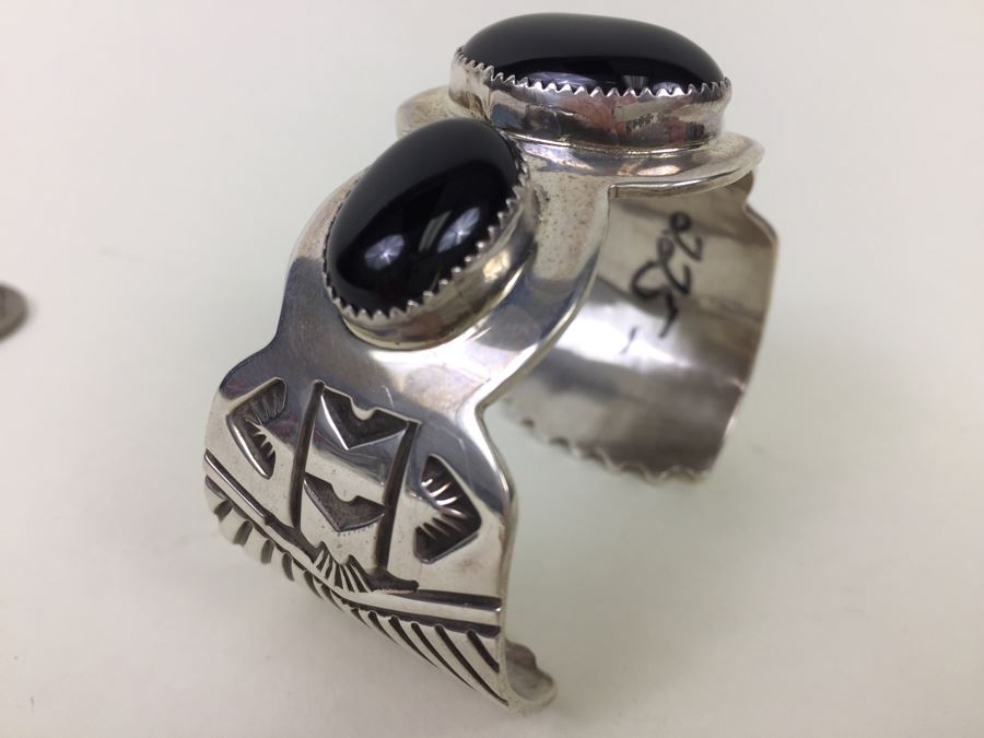 Nick Bill Sterling Silver Navajo Cuff Bracelet Glossy Black Onyx 3 Stone 66.8g [Photo 9]