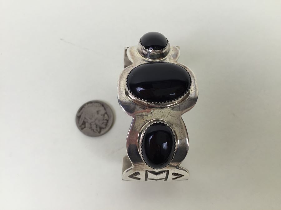 Nick Bill Sterling Silver Navajo Cuff Bracelet Glossy Black Onyx 3 Stone 66.8g [Photo 11]