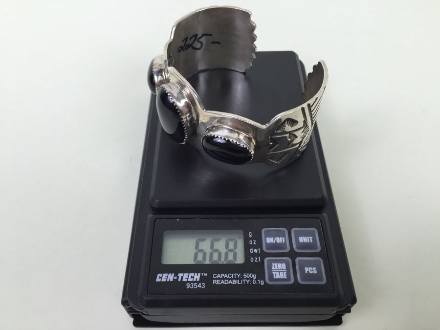 Nick Bill Sterling Silver Navajo Cuff Bracelet Glossy Black Onyx 3 Stone 66.8g [Photo 15]