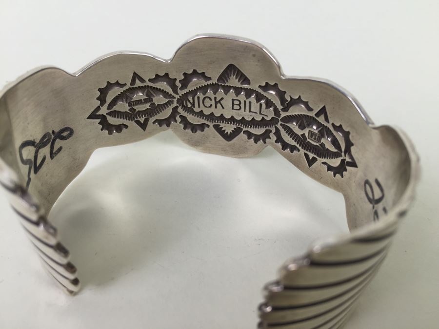 Nick Bill Sterling Silver Navajo Cuff Bracelet Glossy Black Onyx 3 Stone 66.8g [Photo 3]