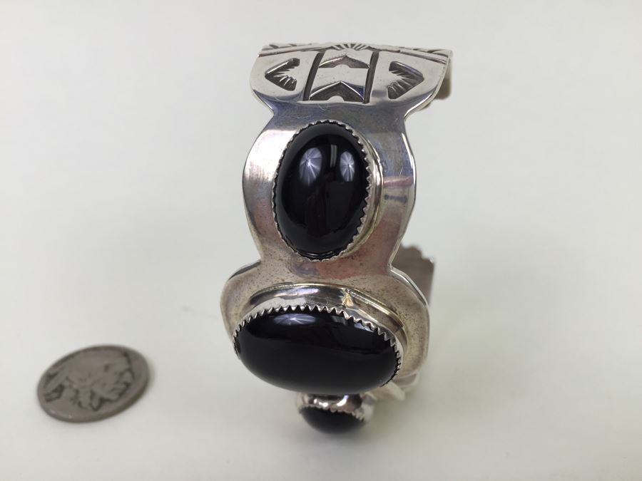 Nick Bill Sterling Silver Navajo Cuff Bracelet Glossy Black Onyx 3 Stone 66.8g [Photo 5]
