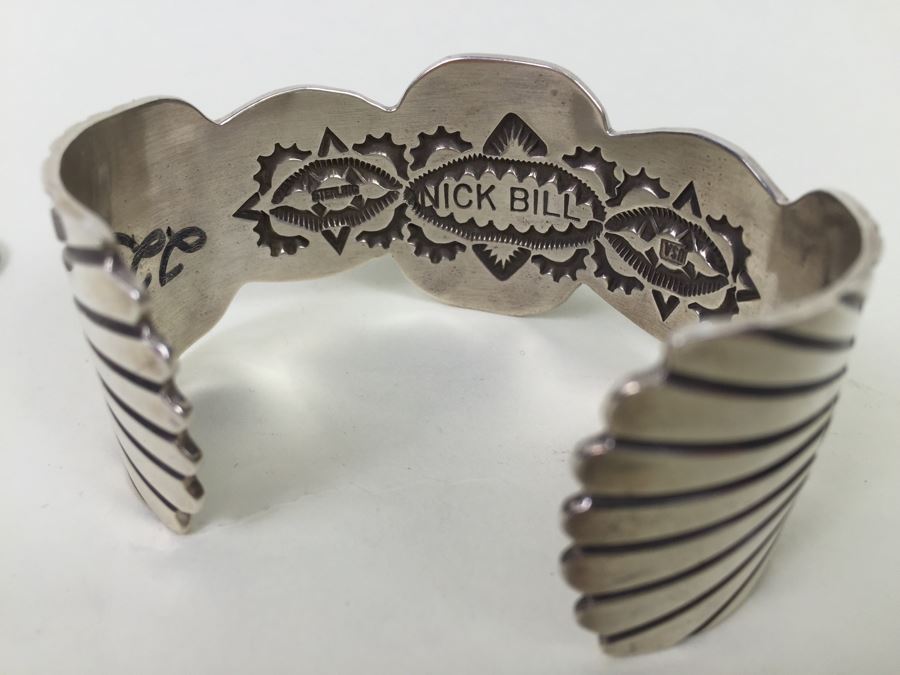 Nick Bill Sterling Silver Navajo Cuff Bracelet Glossy Black Onyx 3 Stone 66.8g [Photo 7]