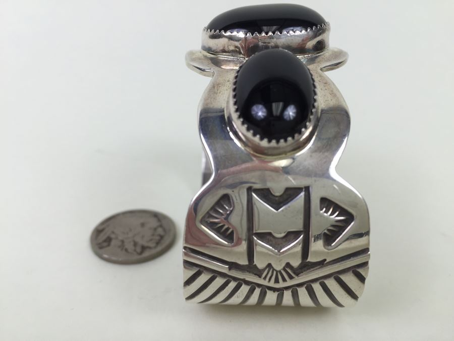 Nick Bill Sterling Silver Navajo Cuff Bracelet Glossy Black Onyx 3 Stone 66.8g [Photo 10]