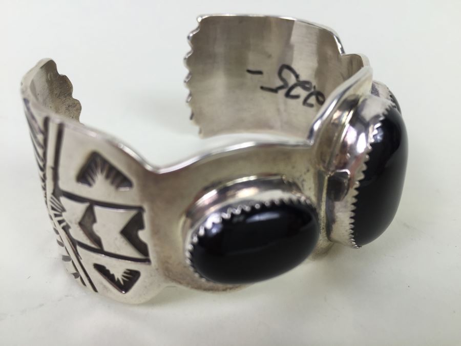 Nick Bill Sterling Silver Navajo Cuff Bracelet Glossy Black Onyx 3 Stone 66.8g [Photo 8]