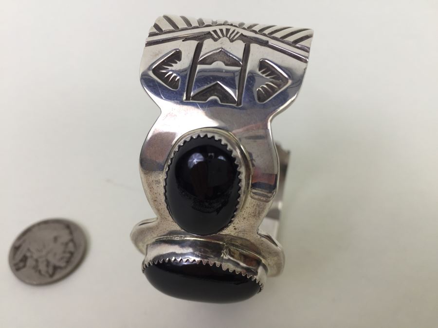 Nick Bill Sterling Silver Navajo Cuff Bracelet Glossy Black Onyx 3 Stone 66.8g [Photo 6]