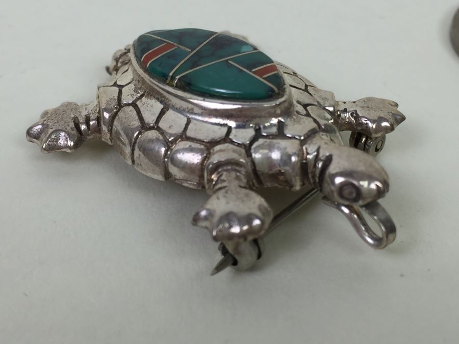 Sterling Silver Turtle With Stone Inlay Brooch Pin Pendant 11.5g [Photo 9]