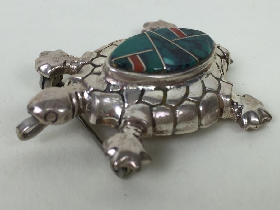 Sterling Silver Turtle With Stone Inlay Brooch Pin Pendant 11.5g [Photo 5]