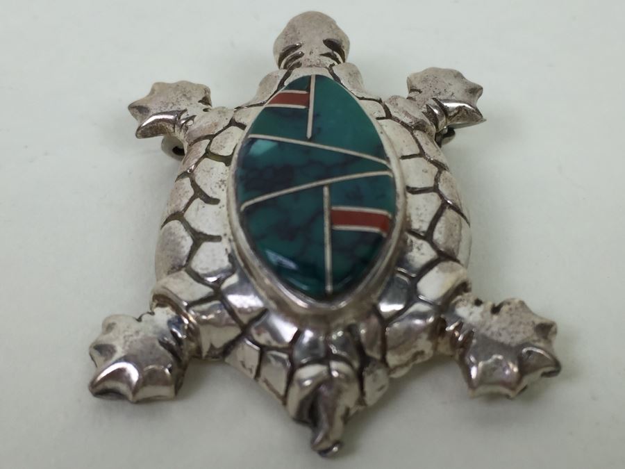 Sterling Silver Turtle With Stone Inlay Brooch Pin Pendant 11.5g [Photo 7]