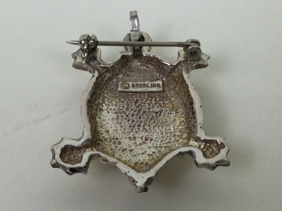 Sterling Silver Turtle With Stone Inlay Brooch Pin Pendant 11.5g [Photo 3]