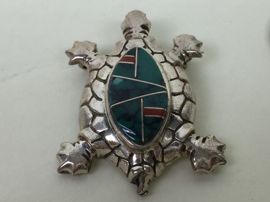 Sterling Silver Turtle With Stone Inlay Brooch Pin Pendant 11.5g [Photo 2]