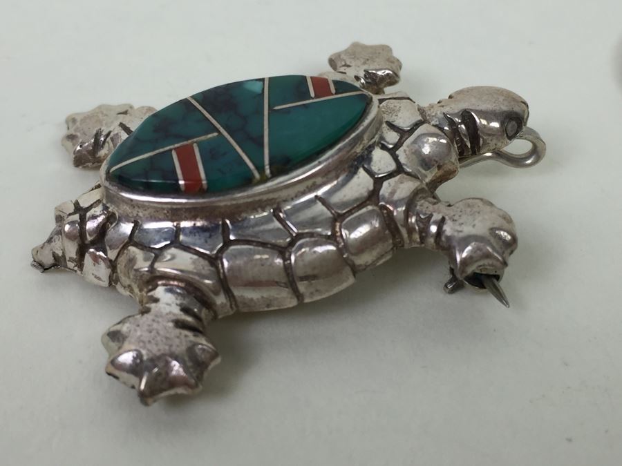 Sterling Silver Turtle With Stone Inlay Brooch Pin Pendant 11.5g [Photo 8]