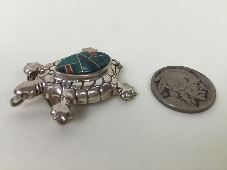 Sterling Silver Turtle With Stone Inlay Brooch Pin Pendant 11.5g [Photo 1]