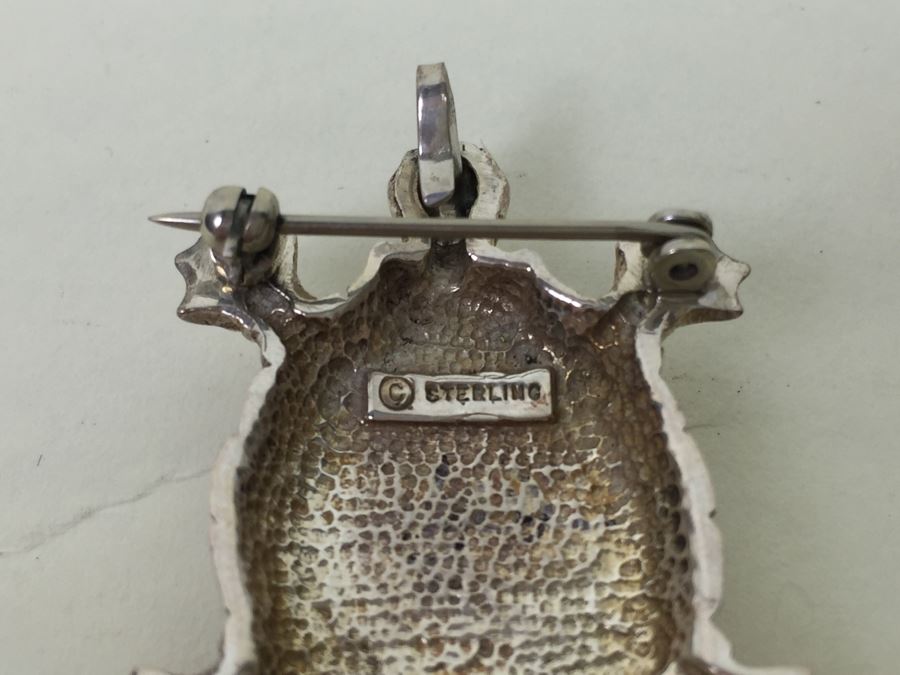 Sterling Silver Turtle With Stone Inlay Brooch Pin Pendant 11.5g [Photo 10]