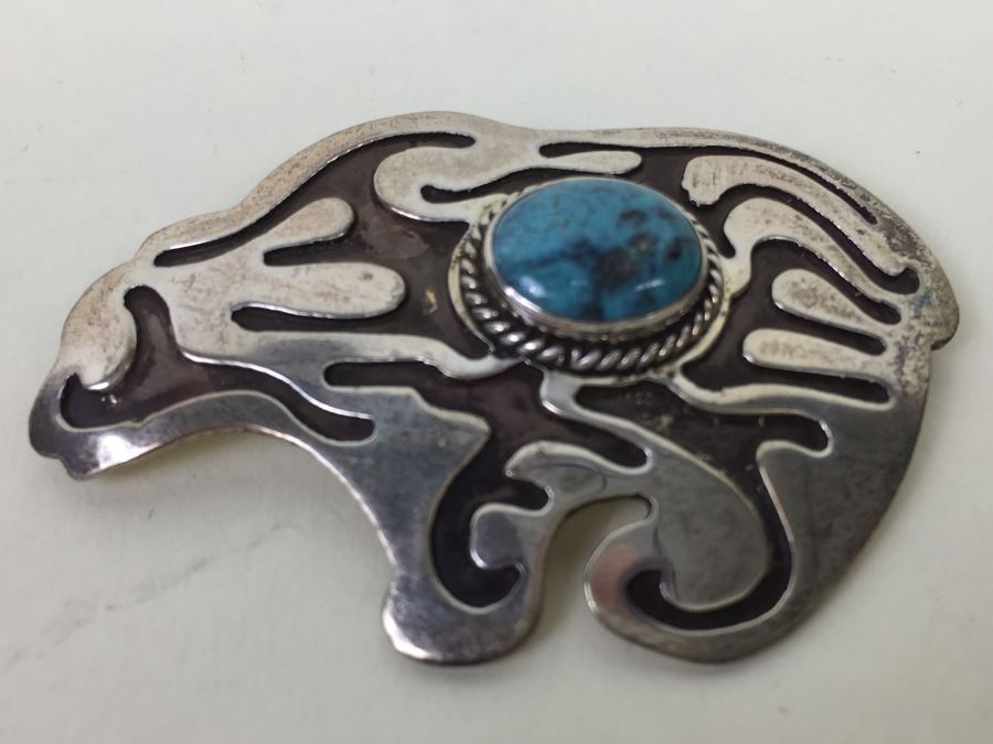 Vintage Sterling Silver And Turquoise Brooch Pin Bear Signed By Gil Platero Navajo 7.3g [Photo 2]