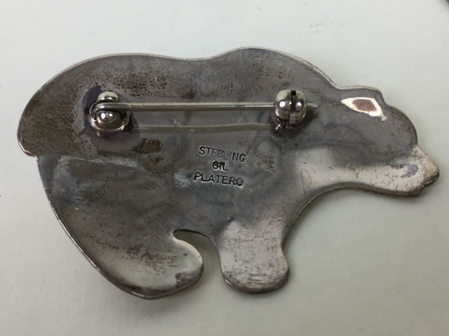 Vintage Sterling Silver And Turquoise Brooch Pin Bear Signed By Gil Platero Navajo 7.3g [Photo 9]