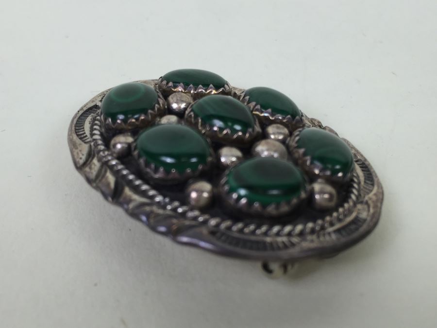 Vintage Sterling Silver Malachite Stone Brooch Pin Pendant Signed F 11g [Photo 5]