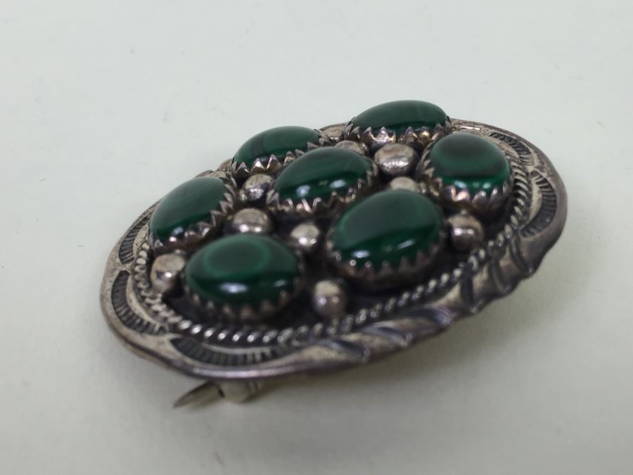 Vintage Sterling Silver Malachite Stone Brooch Pin Pendant Signed F 11g [Photo 6]