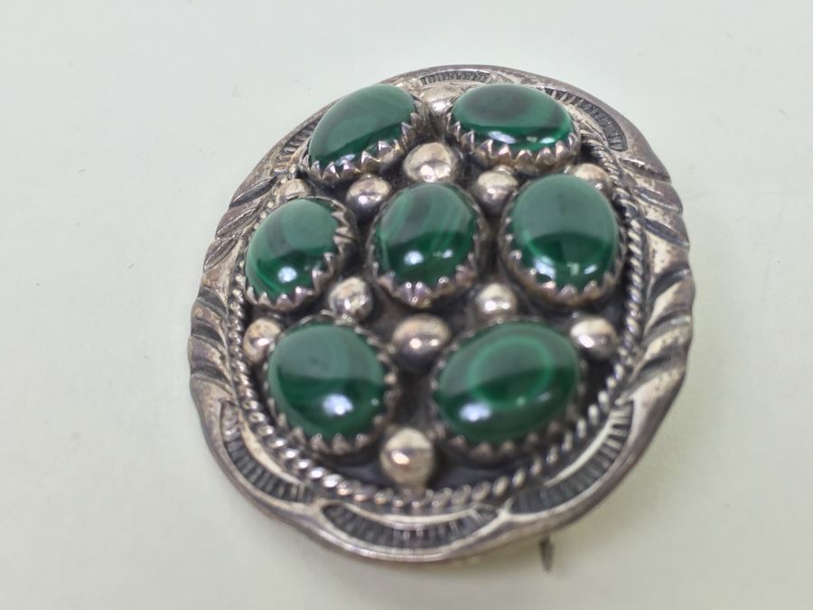 Vintage Sterling Silver Malachite Stone Brooch Pin Pendant Signed F 11g [Photo 8]
