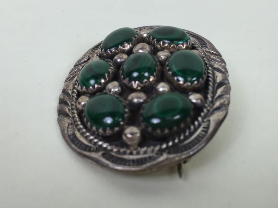 Vintage Sterling Silver Malachite Stone Brooch Pin Pendant Signed F 11g [Photo 7]