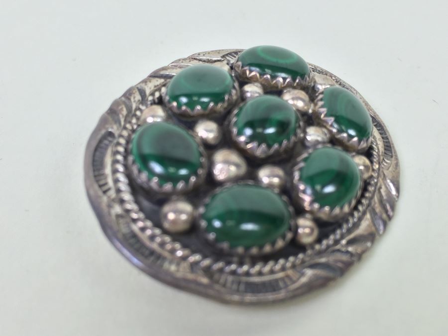 Vintage Sterling Silver Malachite Stone Brooch Pin Pendant Signed F 11g [Photo 4]