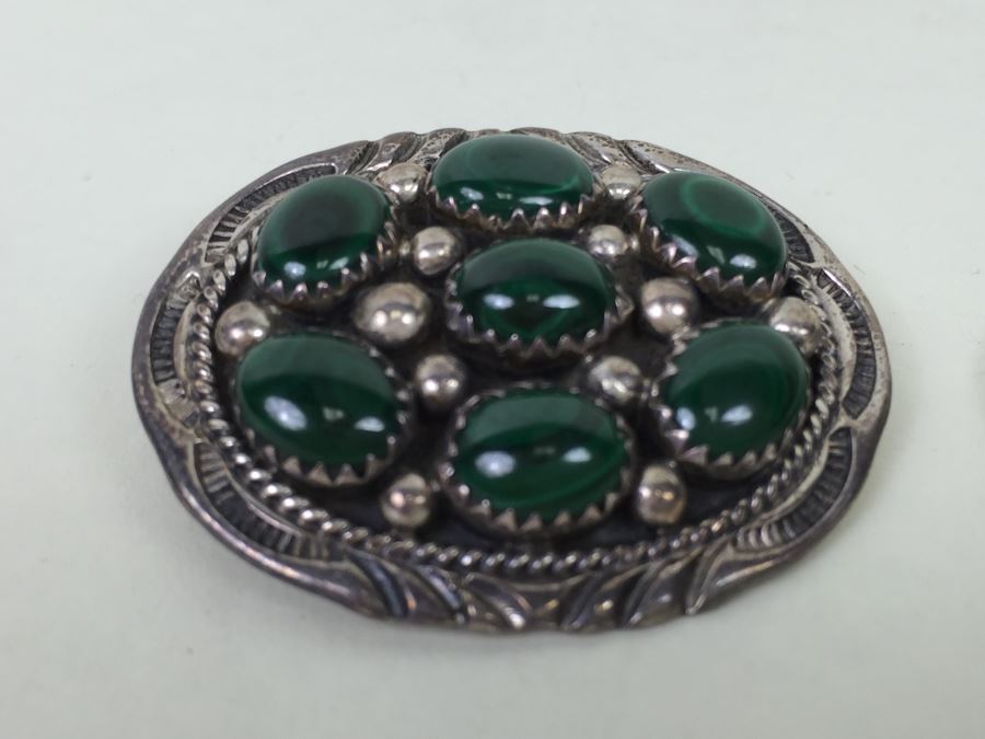 Vintage Sterling Silver Malachite Stone Brooch Pin Pendant Signed F 11g [Photo 2]