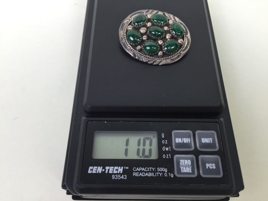 Vintage Sterling Silver Malachite Stone Brooch Pin Pendant Signed F 11g [Photo 13]