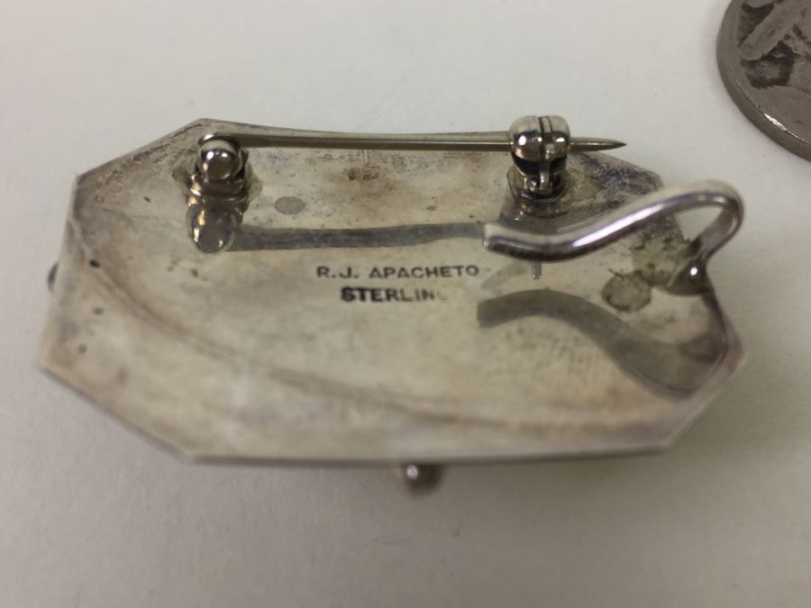 Vintage R. J. Apacheto Navajo Sterling Silver Brooch Pin Pendant 9.8g [Photo 8]