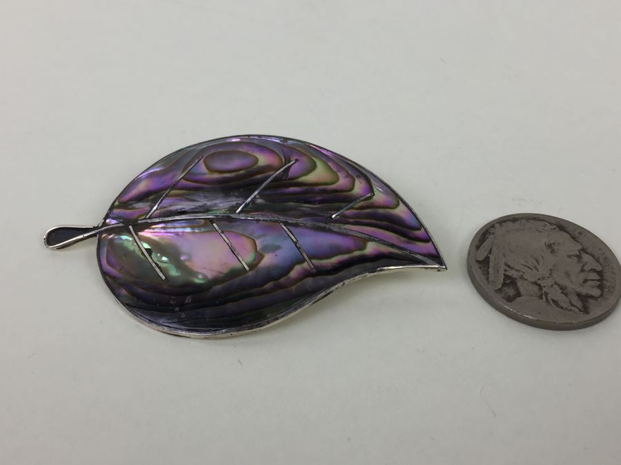 Vintage Sterling Silver Abalone Leaf Brooch Pin Mexican Designer CCC 7.7g [Photo 1]