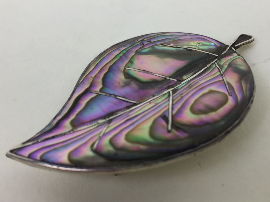 Vintage Sterling Silver Abalone Leaf Brooch Pin Mexican Designer CCC 7.7g [Photo 6]