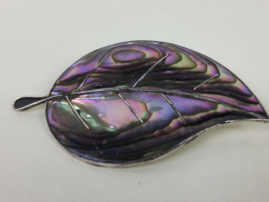 Vintage Sterling Silver Abalone Leaf Brooch Pin Mexican Designer CCC 7.7g [Photo 5]