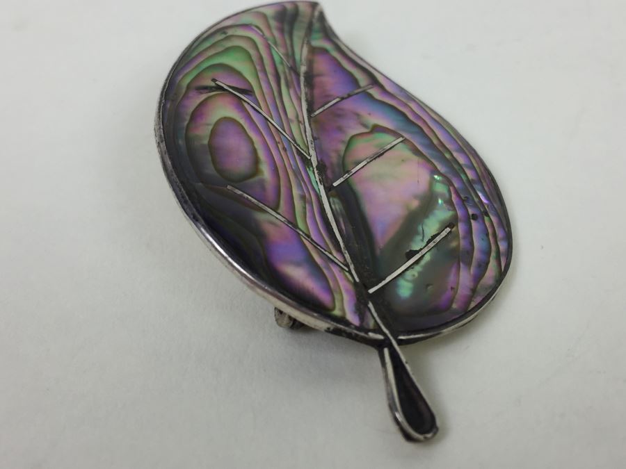 Vintage Sterling Silver Abalone Leaf Brooch Pin Mexican Designer CCC 7.7g [Photo 7]