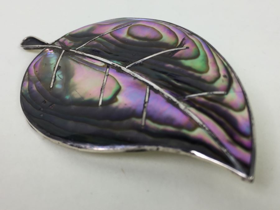 Vintage Sterling Silver Abalone Leaf Brooch Pin Mexican Designer CCC 7.7g [Photo 2]
