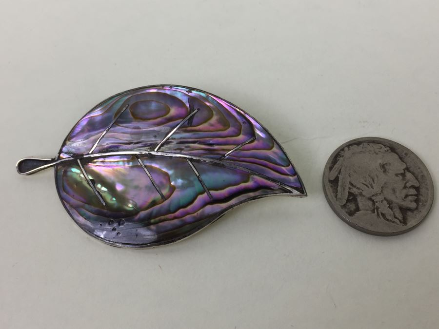 Vintage Sterling Silver Abalone Leaf Brooch Pin Mexican Designer CCC 7.7g [Photo 4]