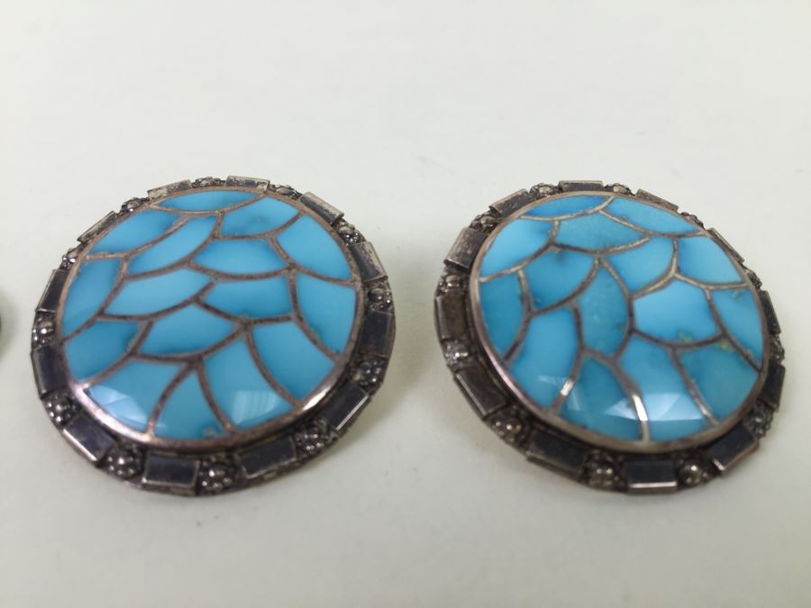 Sterling Silver With Turquoise Inlay Hand Crafted Earrings Signed 17.1g [Photo 7]