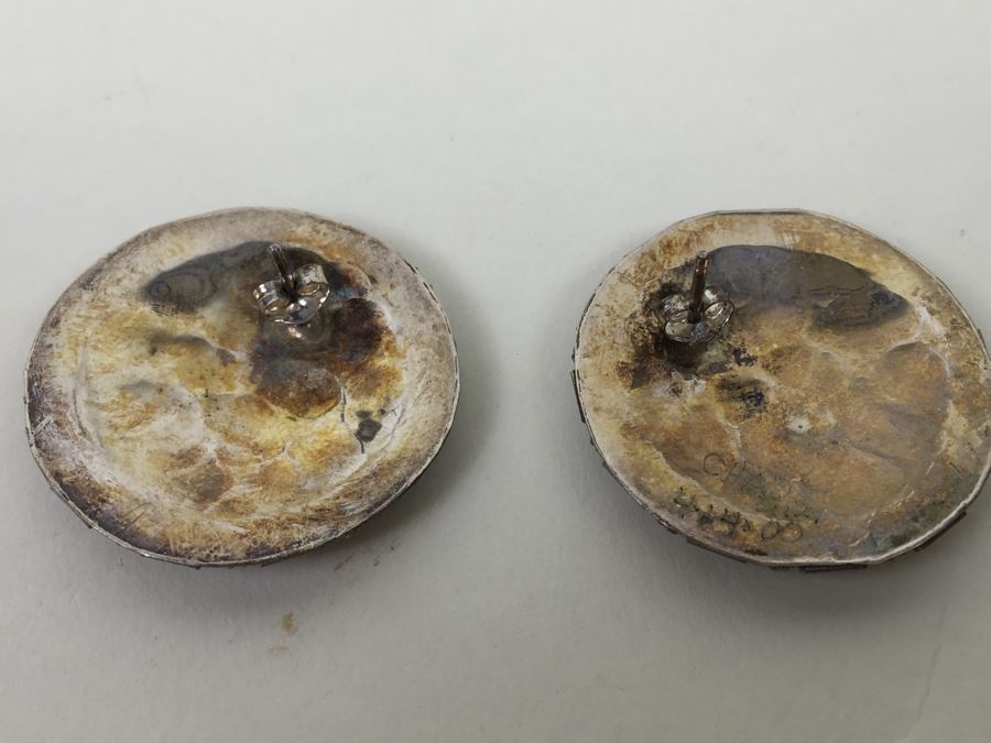 Sterling Silver With Turquoise Inlay Hand Crafted Earrings Signed 17.1g [Photo 3]