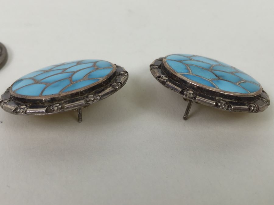 Sterling Silver With Turquoise Inlay Hand Crafted Earrings Signed 17.1g [Photo 9]