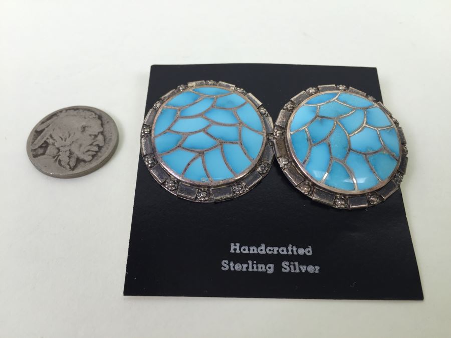 Sterling Silver With Turquoise Inlay Hand Crafted Earrings Signed 17.1g
