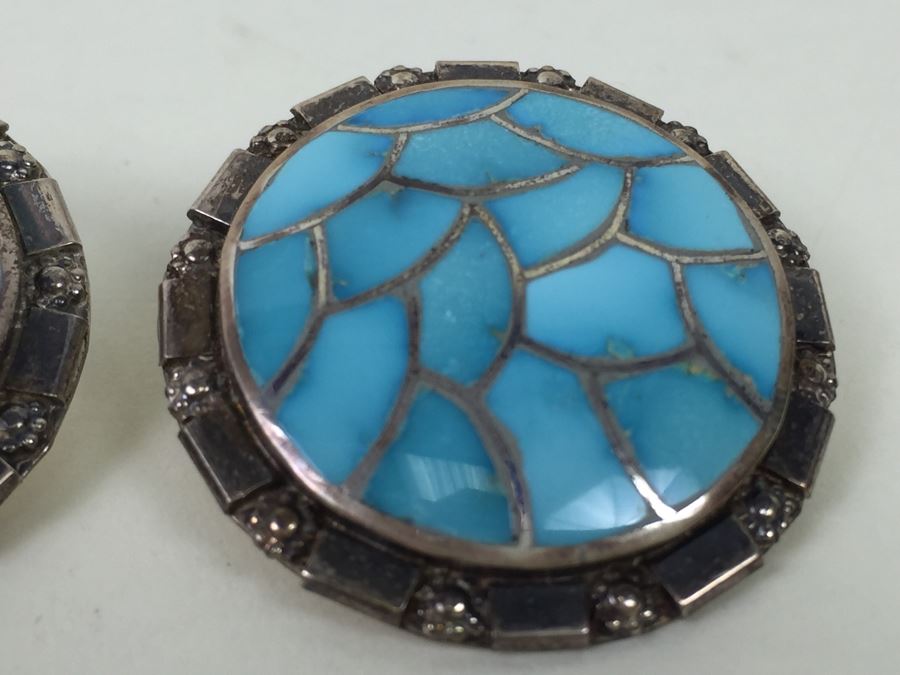 Sterling Silver With Turquoise Inlay Hand Crafted Earrings Signed 17.1g [Photo 2]