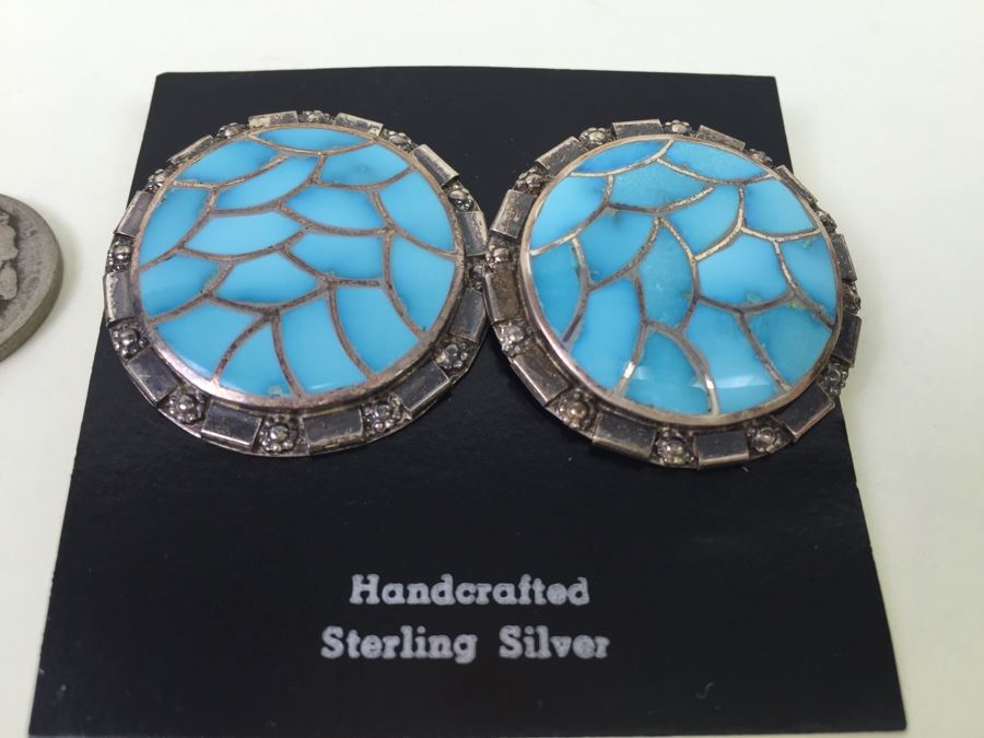 Sterling Silver With Turquoise Inlay Hand Crafted Earrings Signed 17.1g [Photo 5]