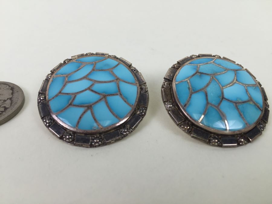 Sterling Silver With Turquoise Inlay Hand Crafted Earrings Signed 17.1g [Photo 6]