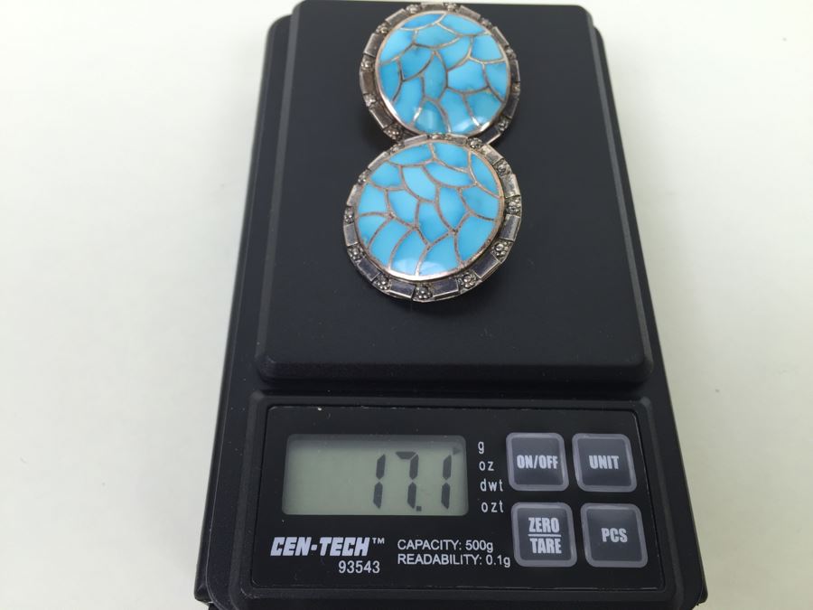 Sterling Silver With Turquoise Inlay Hand Crafted Earrings Signed 17.1g [Photo 14]