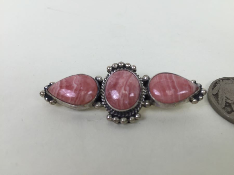 Sterling Silver With Rhodochrosite Pink Stones Brooch Pin [Photo 4]