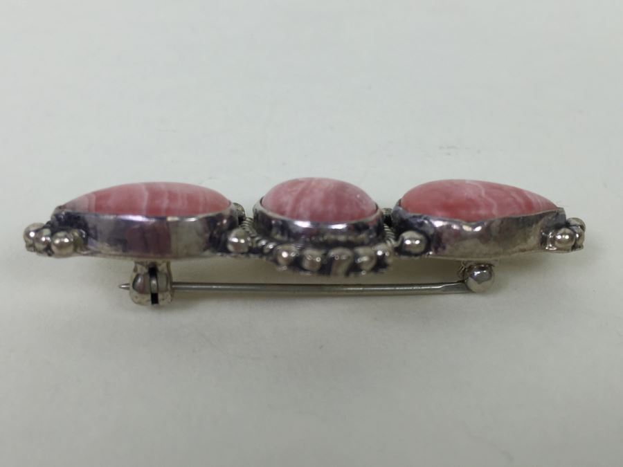 Sterling Silver With Rhodochrosite Pink Stones Brooch Pin [Photo 5]