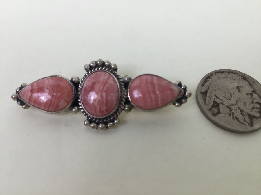 Sterling Silver With Rhodochrosite Pink Stones Brooch Pin