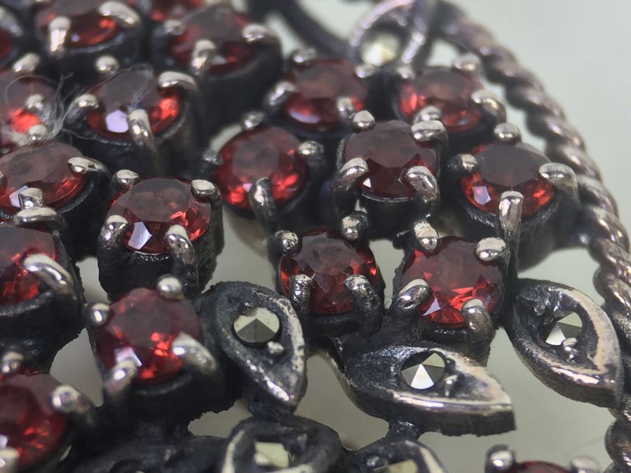 Sterling Silver Flower Basket Brooch Pin With Marcasites And Red Stones Signed NF 925 16.7g [Photo 15]