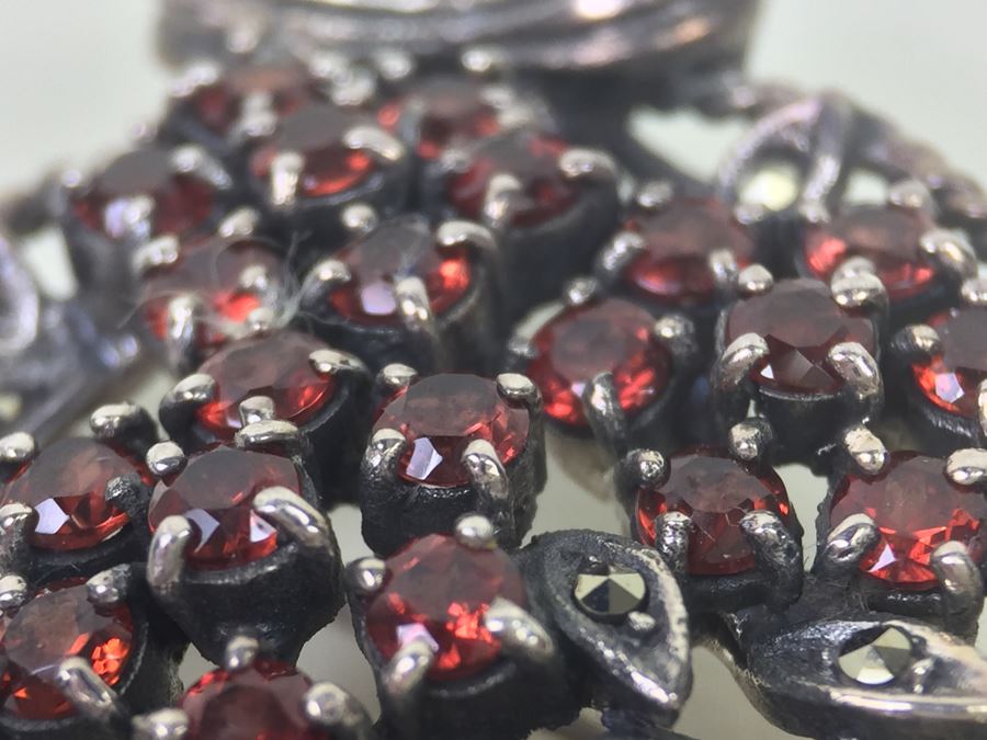 Sterling Silver Flower Basket Brooch Pin With Marcasites And Red Stones Signed NF 925 16.7g [Photo 18]