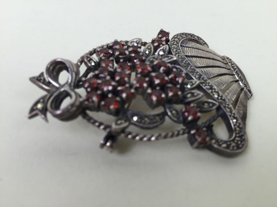 Sterling Silver Flower Basket Brooch Pin With Marcasites And Red Stones Signed NF 925 16.7g [Photo 8]